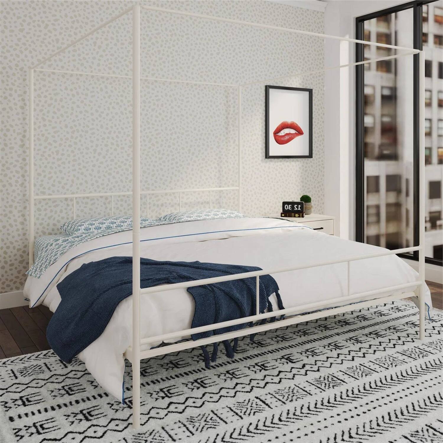 Angle. Hivvago - Hivvago King size Modern Metal Canopy Bed Frame with Headboard and Footboard - White.