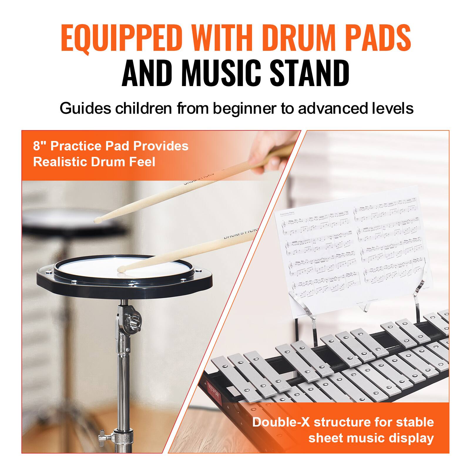 EQUIPPED WITH DRUM PADS AND MUSIC STAND  
Guides children from beginner to advanced levels  

8" Practice Pad Provides Realistic Drum Feel  

Double-X structure for stable sheet music display