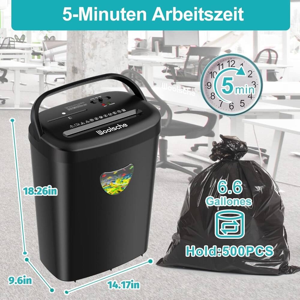 5-Minuten Arbeitszeit  
Woolsche  
18.26in  
9.6in  
14.17in  
6.6 Gallones  
Hold: 500PCS