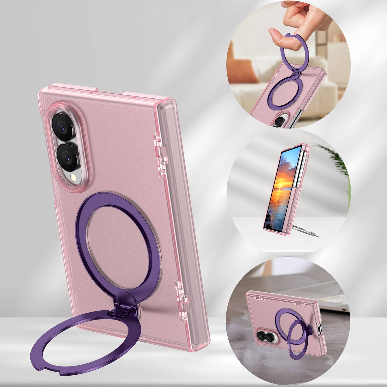 Left. Dteck - Shockproof Frosted Phone Case for Samsung Galaxy Z Fold8 with Ring Stand, Rugged Slim Magnetic Rigid Plastic Hinge Cover - Mattepink.
