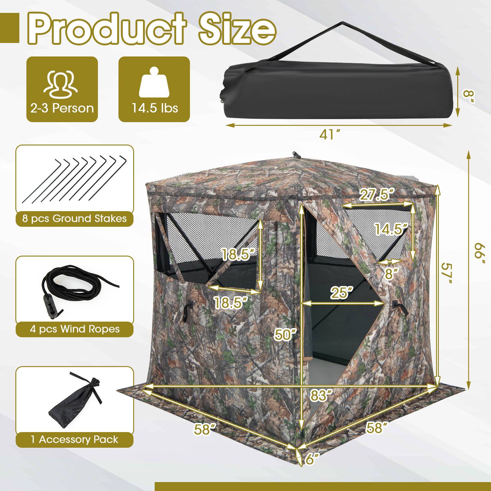 Product Size

- 2-3 Person
- 14.5 lbs

Dimensions:
- 41" (length)
- 27.5" (width)
- 14.5" (height)
- 57" (diagonal)
- 83" (diagonal)
- 58" (diagonal)
- 50" (diagonal)
- 25" (diagonal)
- 6" (diagonal)

Included:
- 8 pcs Ground Stakes
- 4 pcs Wind Ropes
- 1 Accessory Pack