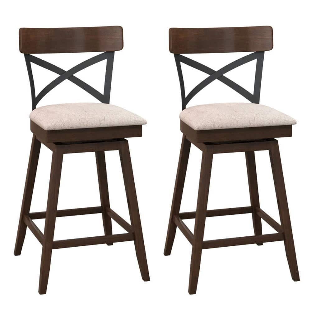 Kadyn - 2-Pc Set Wooden Swivel Bar Stools with Cushioned Seat and Open X Back-25 In, for Kitchen Island - Beige