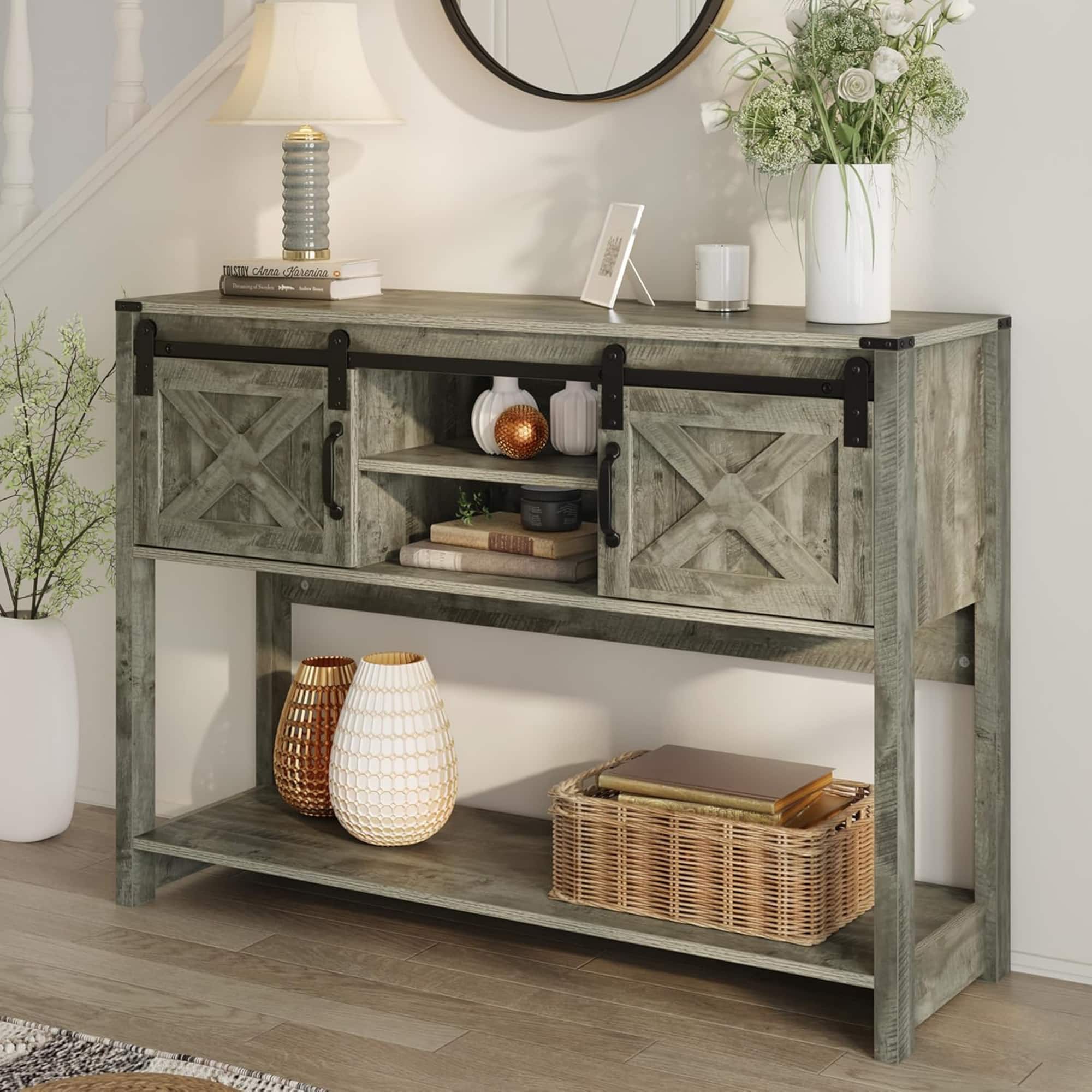 RoyalCraft - Farmhouse Entryway Console Table with Storage Shelves, Light Grey - Light Gray