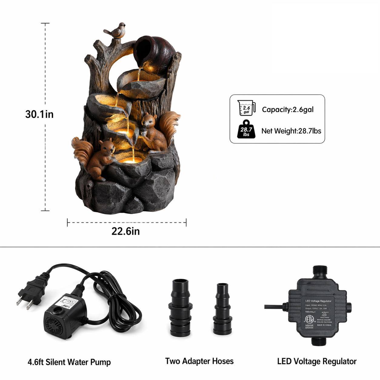 30.1in  
2.6 gal Capacity: 2.6gal  
28.7 lbs Net Weight: 28.7lbs  
22.6in  
LES Voltage Regulator -- ETL  
4.6ft Silent Water Pump  
Two Adapter Hoses  
LED Voltage Regulator