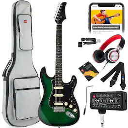 Best Choice Products - Beginner HSS Electric Guitar Kit w/ Headphone Amp, Gig-Bag, Headphones - Green Flametop/Black