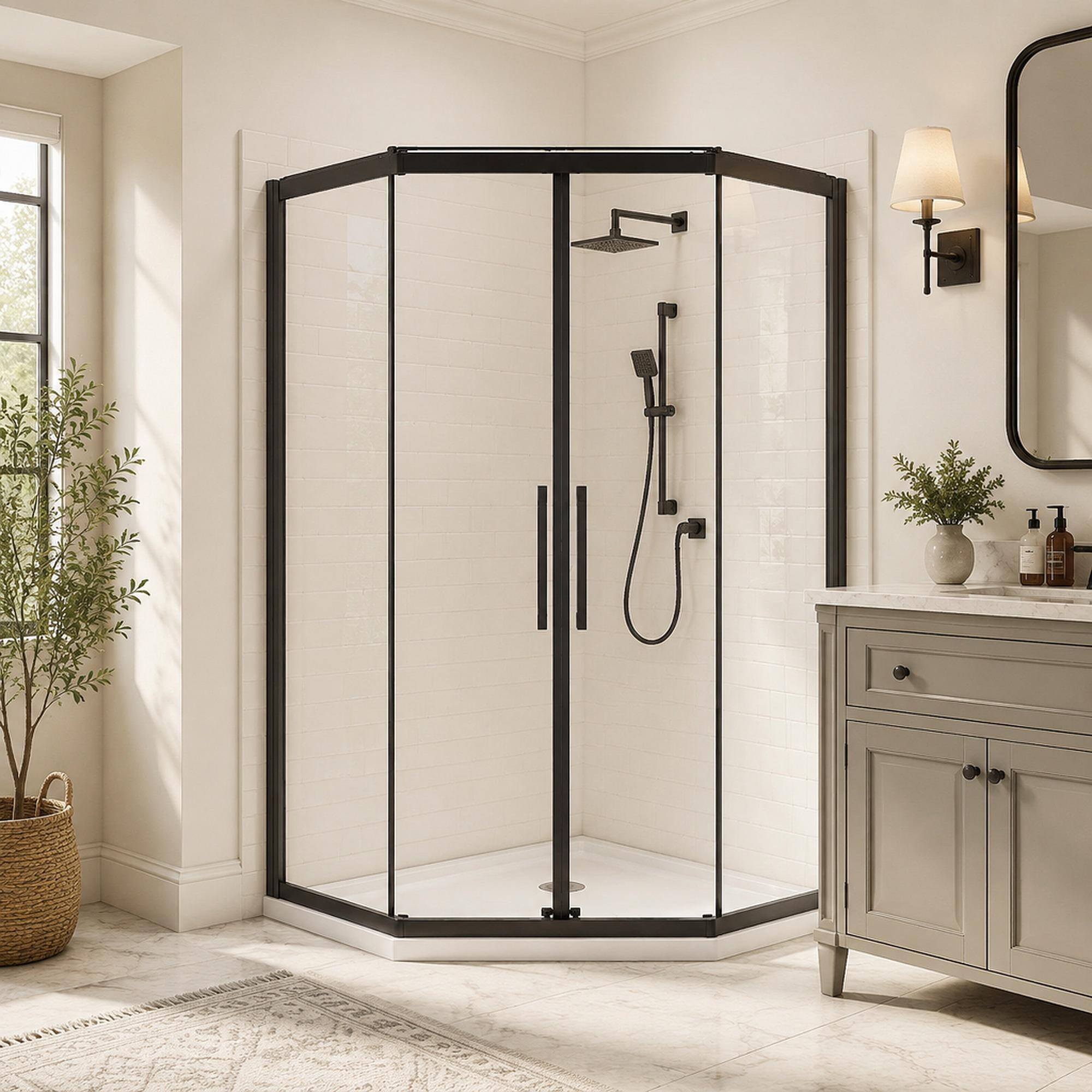 Angle. RYHNUYNE - 36 In X 72 In Neo-Angle Sliding Shower Enclosure, 1/4 In Clear Tempered Glass With Stainless Steel Handles Black Finish - Matt Black.