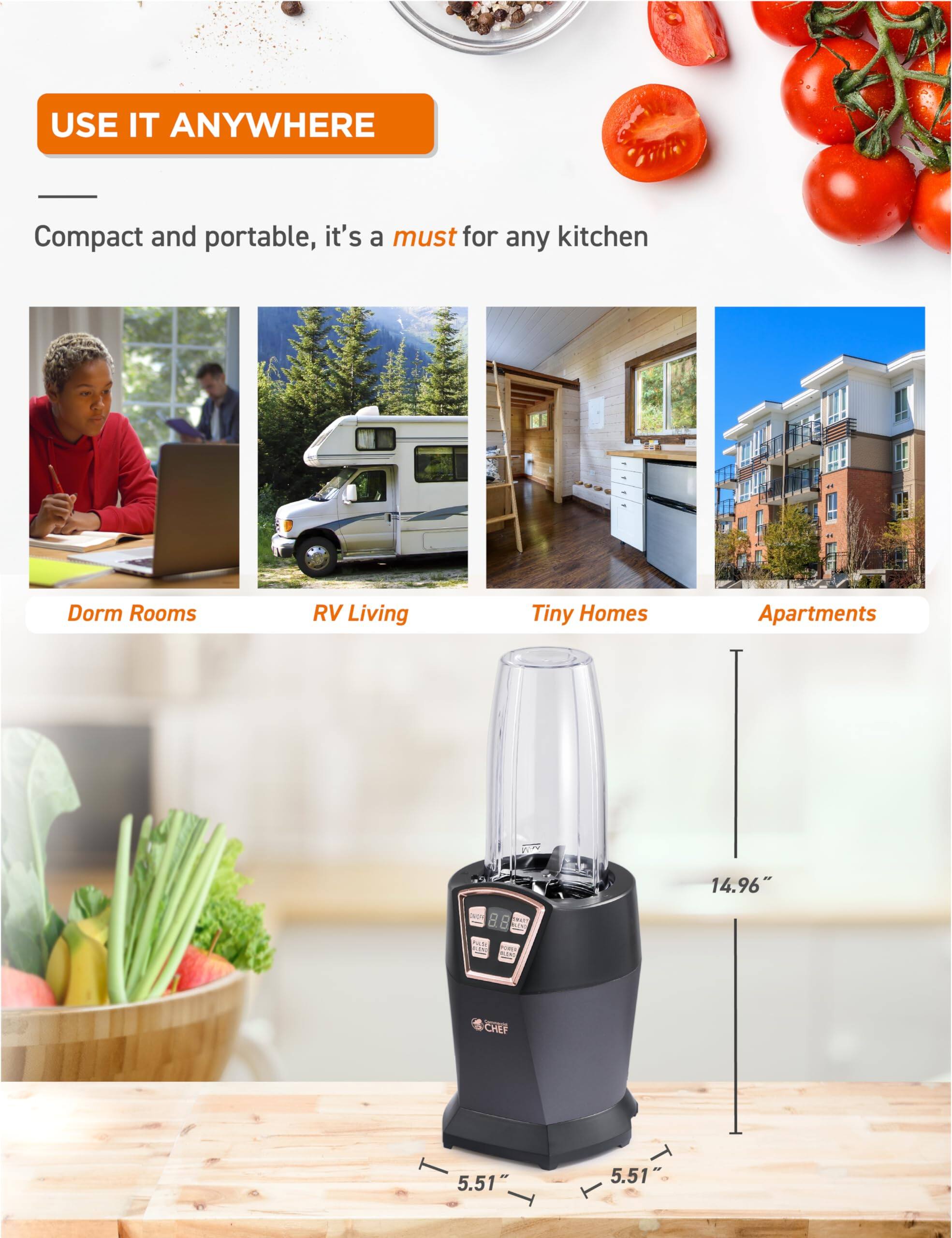 USE IT ANYWHERE
Compact and portable, it's a must for any kitchen
Dorm Rooms
RV Living
Tiny Homes
Apartments
14.96
5.51
5.51