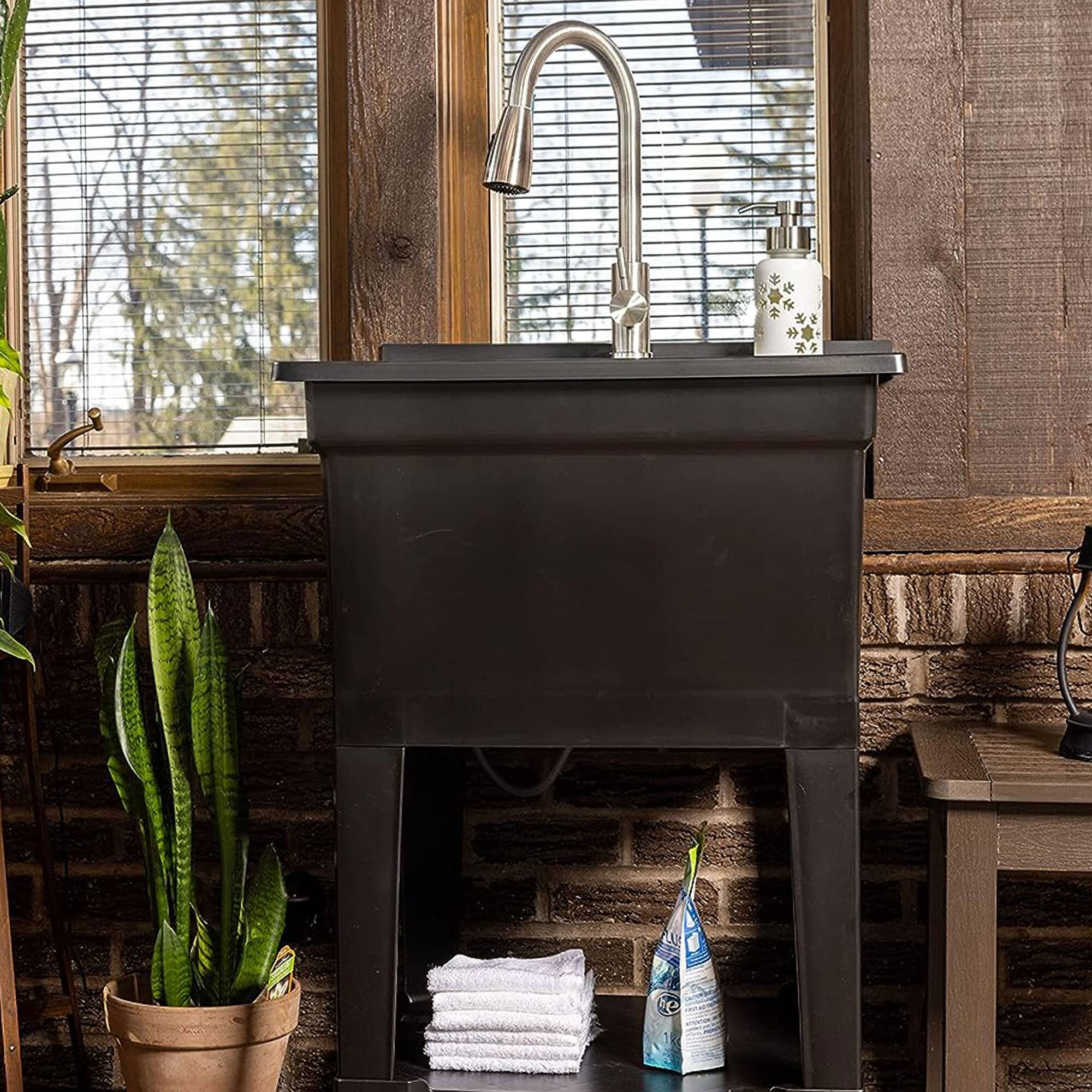 Alt View 2. UTILITYSINKS - UTILITYSINKS Plastic 24" Freestanding Compact Workshop Utility Tub Sink, Black - Black.