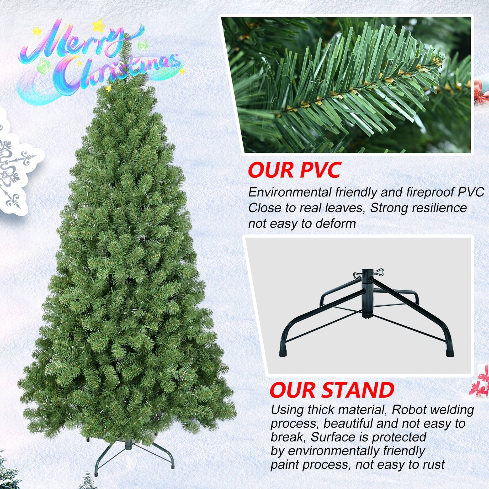 Merry Christmas

OUR PVC
Environmental friendly and fireproof PVC
Close to real leaves, Strong resilience not easy to deform

OUR STAND
Using thick material, Robot welding process, beautiful and not easy to break, Surface is protected by environmentally friendly paint process, not easy to rust
