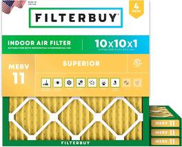 Filterbuy - 10x10x1 MERV 11 Pet & Allergy Defense, Electrostatic Pleated HVAC AC Furnace Air Filters Replacement (4-Pack) - Gold