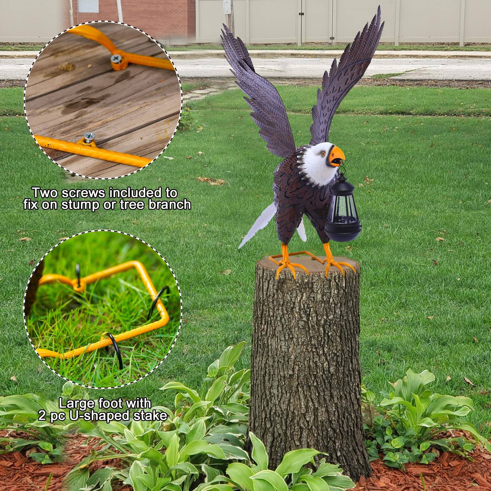 Two screws included to fix on stump or tree branch

Large foot with 2 pc U-shaped stake