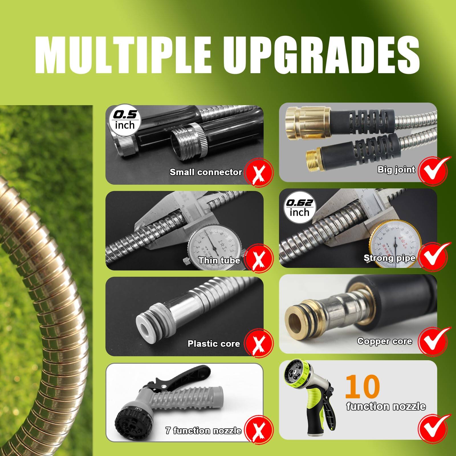 MULTIPLE UPGRADES

- 0.5 inch Small connector ❌
- Big joint ✅
- 0.62 inch Thin tube ❌
- Strong pipe ✅
- Plastic core ❌
- Copper core ✅
- 7 function nozzle ❌
- 10 function nozzle ✅