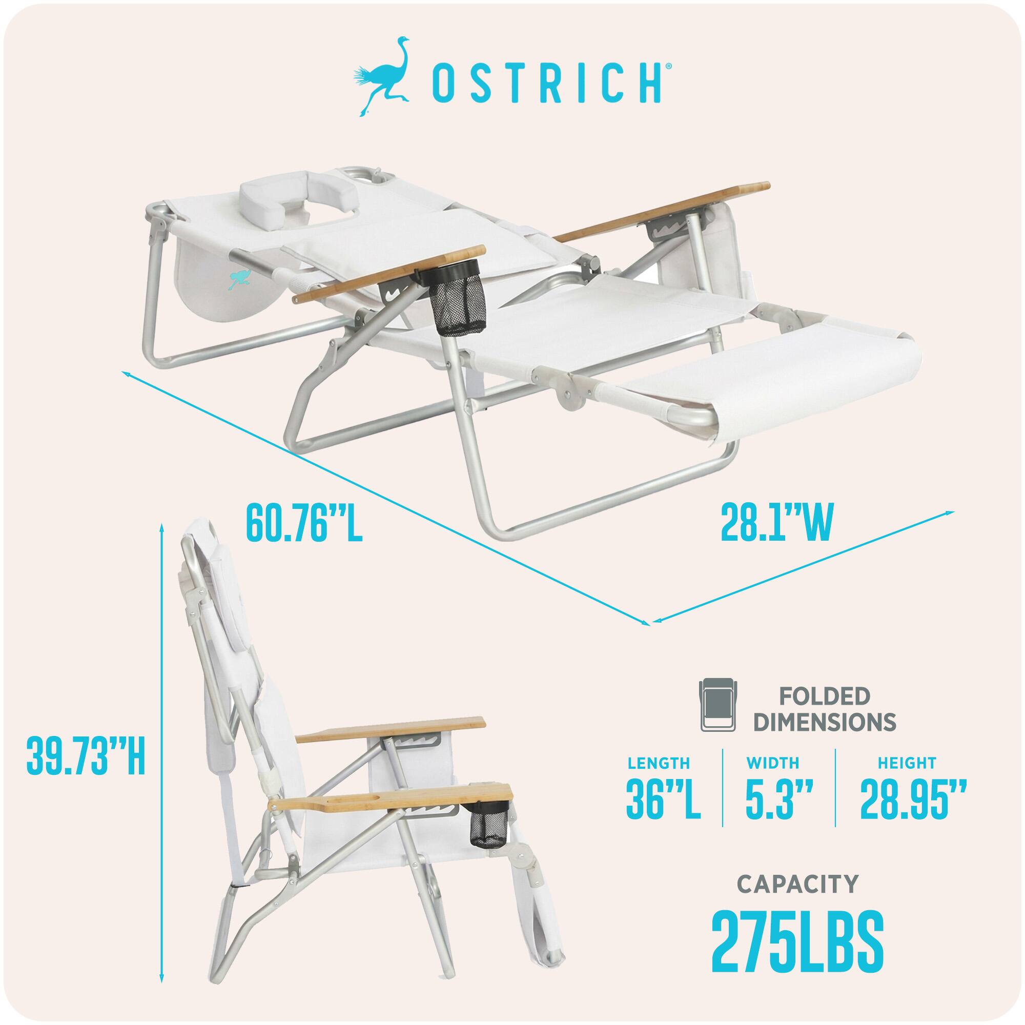 OSTRICH  
60.76"L x 28.1"W x 39.73"H  
FOLDED DIMENSIONS: 36"L x 5.3"W x 28.95"H  
CAPACITY: 275LBS