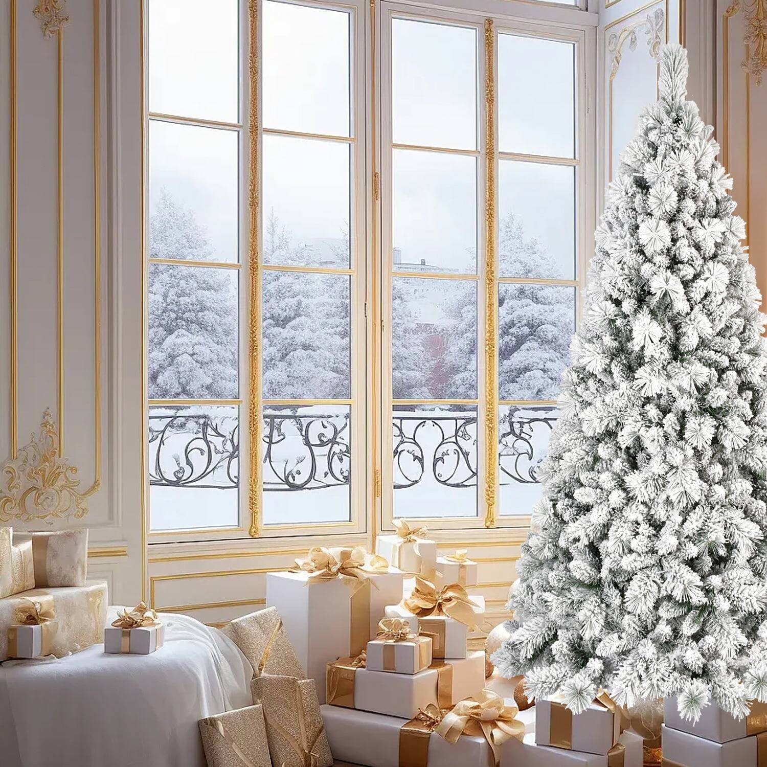Back. Pefilos - 7.5ft Artificial Flock Christmas Tree with 1252 PVC & Hard Needle Tips, Hinged Foldable Base for Indoor Decor - White.