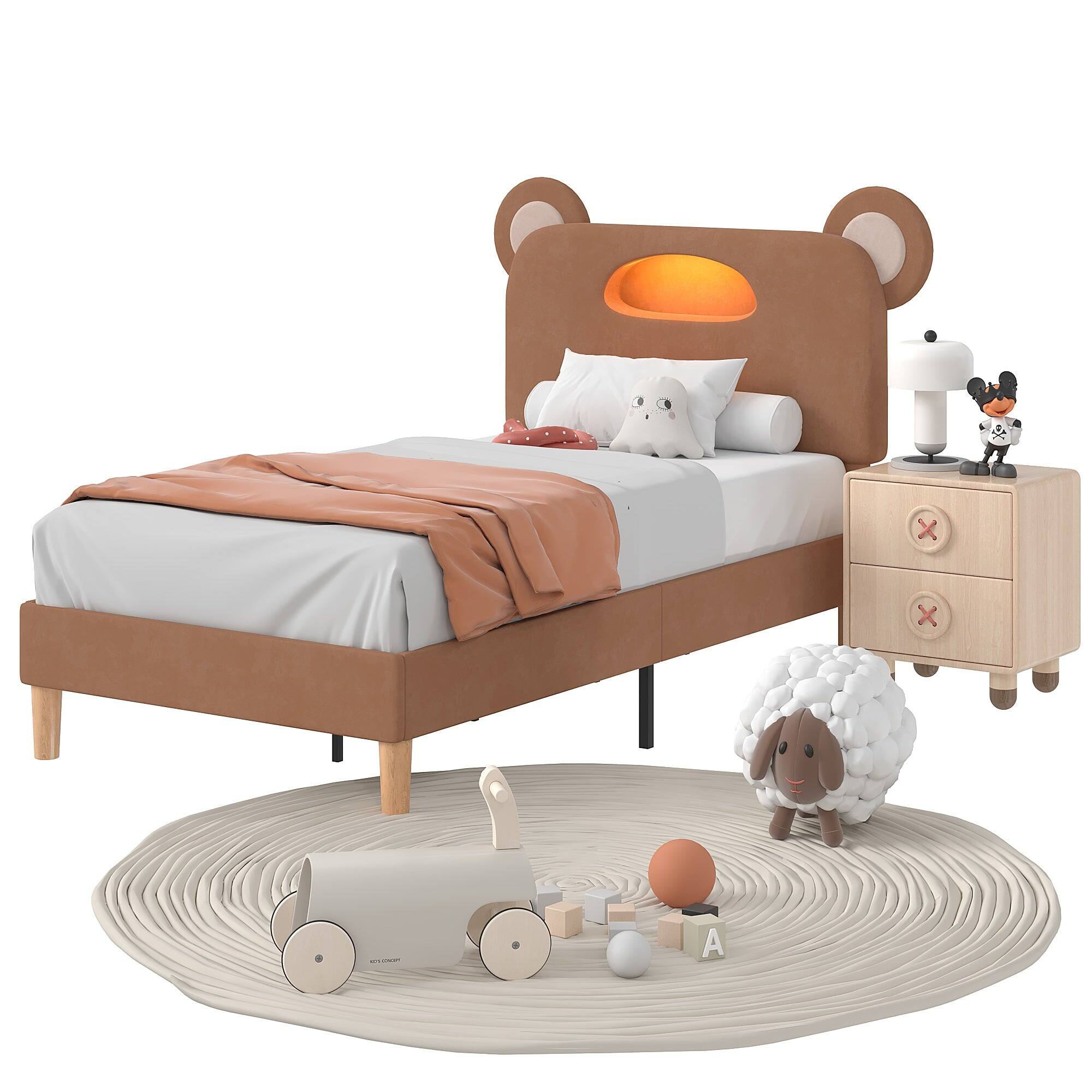 Vecelo - Kids Princess Bed Frame with Crown Headboard, Upholstered Velvet Twin Bed for Girls - Retro Brown