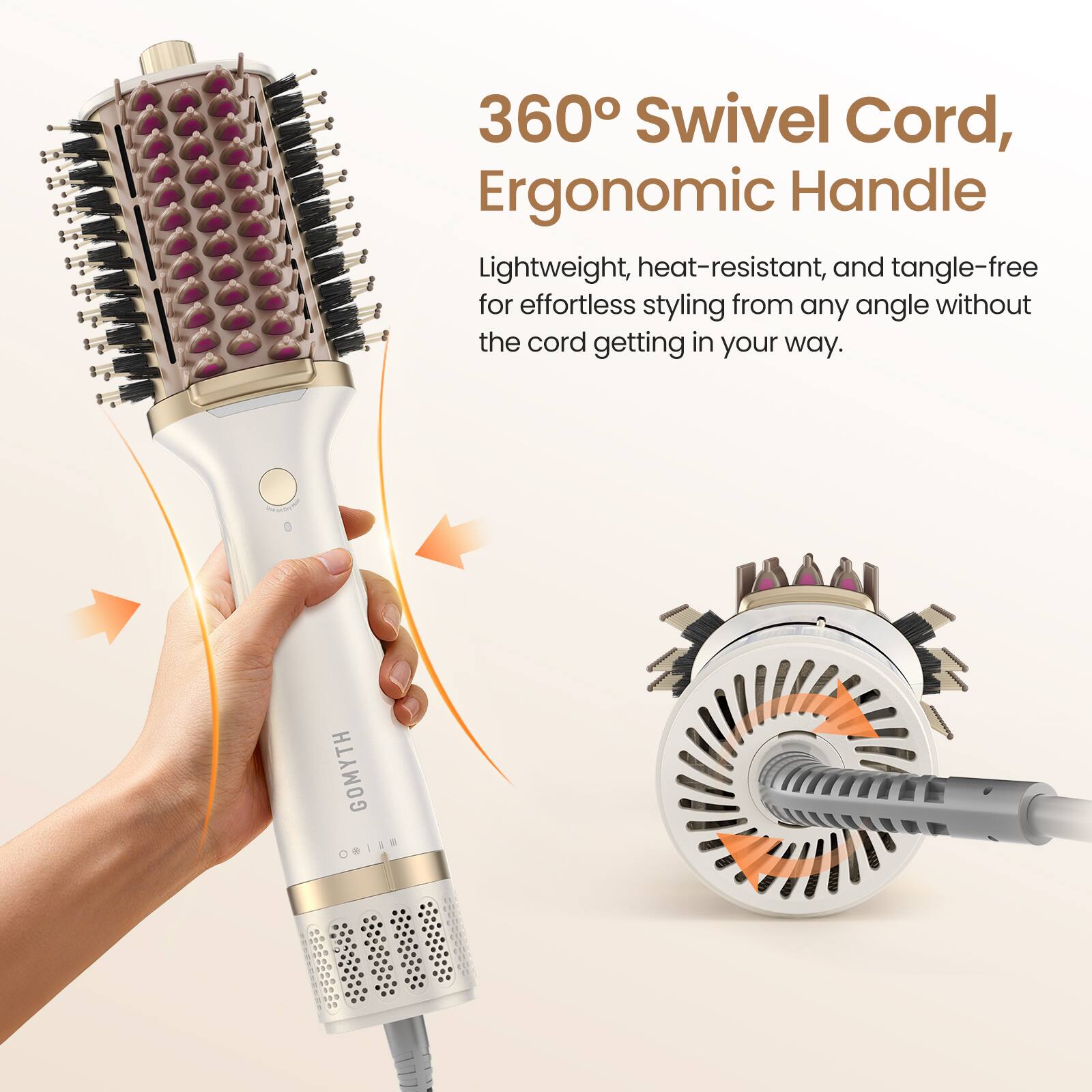 360° Swivel Cord, Ergonomic Handle

Lightweight, heat-resistant, and tangle-free for effortless styling from any angle without the cord getting in your way.