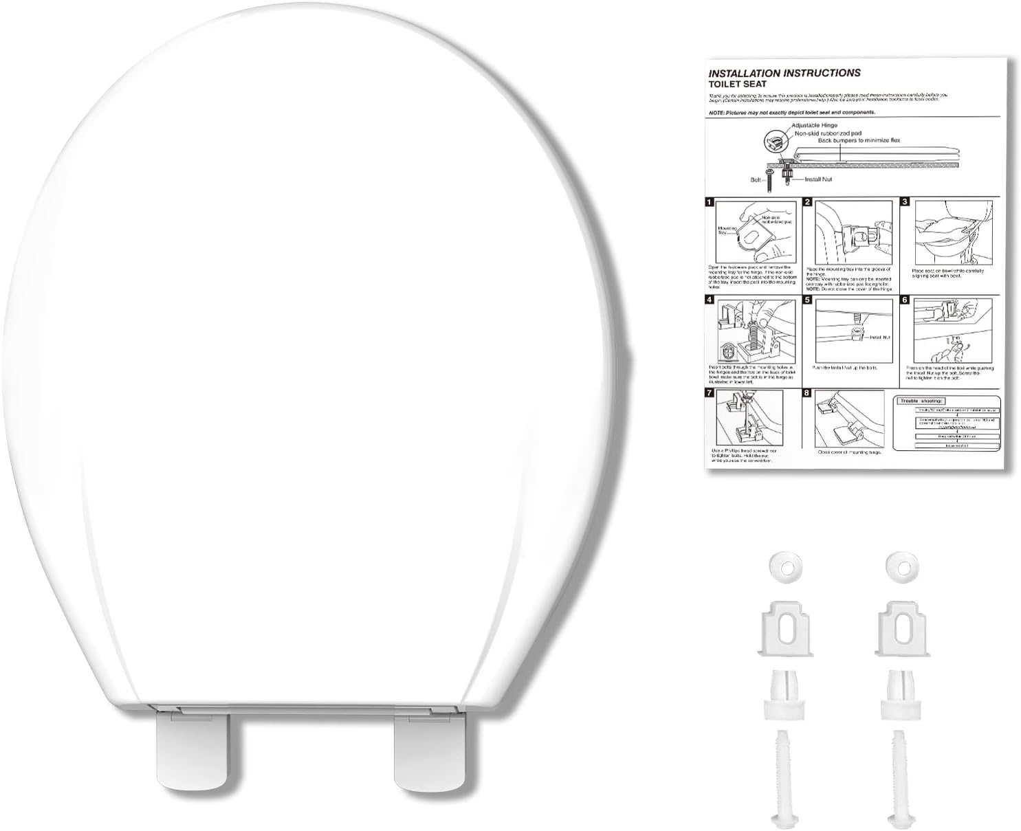**INSTALLATION INSTRUCTIONS**

**TOILET SEAT**

**NOTE:** Please do not tighten the bolts too much or the components may break.

1. **Remove the old toilet seat and components.**
   - Unscrew the bolts from the toilet seat.

2. **Adjustable ring rod and bolt must be installed.**
   - Install the adjustable ring rod and bolt.

3. **Install the toilet seat.**
   - Place the toilet seat on the toilet bowl.
   - Align the holes on the toilet seat with the bolts on the toilet bowl.

4. **Tighten the bolts.**
   - Tighten the bolts to secure the toilet seat.

5. **Adjust the height.**
   - Adjust the height of the toilet seat by moving the adjustable ring rod up or down.

6. **Tighten the bolts again.**
   - Tighten the bolts to secure the toilet seat at the desired height.

7. **Check the stability.**
   - Ensure the toilet seat is stable and secure.

8. **Final check.**
   - Check that the toilet seat is properly installed and stable.

**Diagram:**
- Shows the placement of the adjustable ring rod and bolt.

**Additional Notes:**
- Do not overtighten