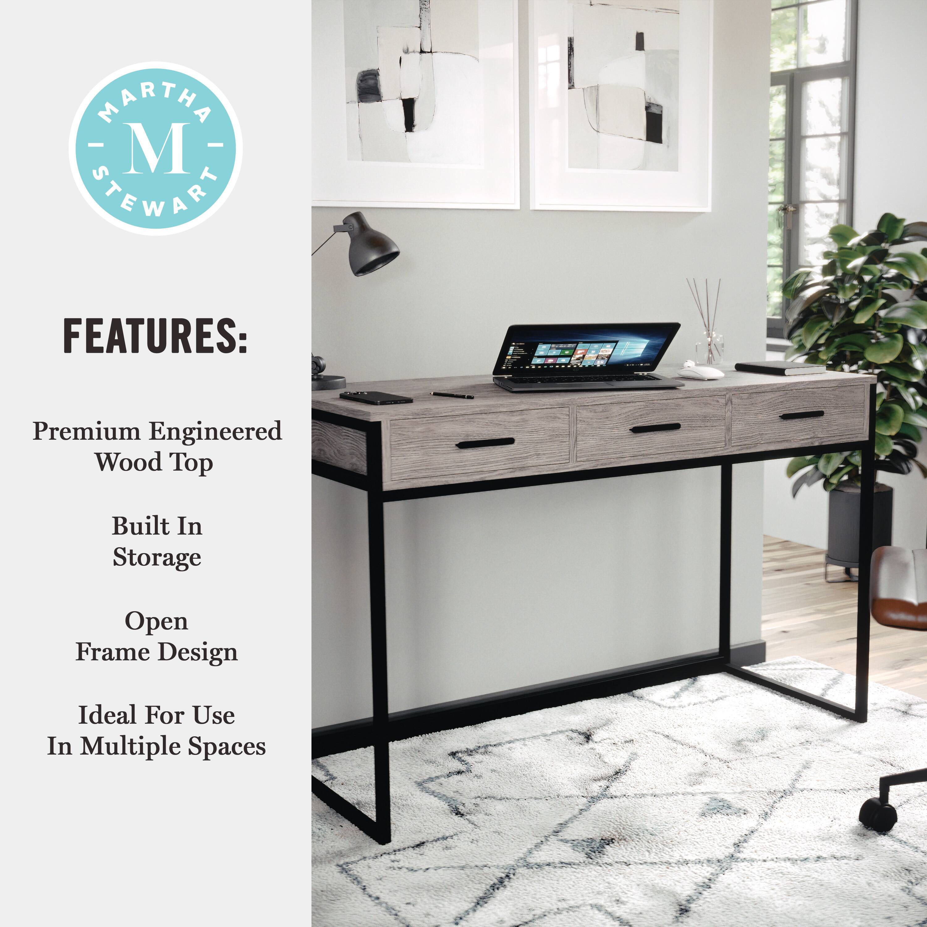 Martha Stewart Features: Premium Engineered Wood Top, Built-In Storage, Open Frame Design, Ideal for Use in Multiple Spaces.