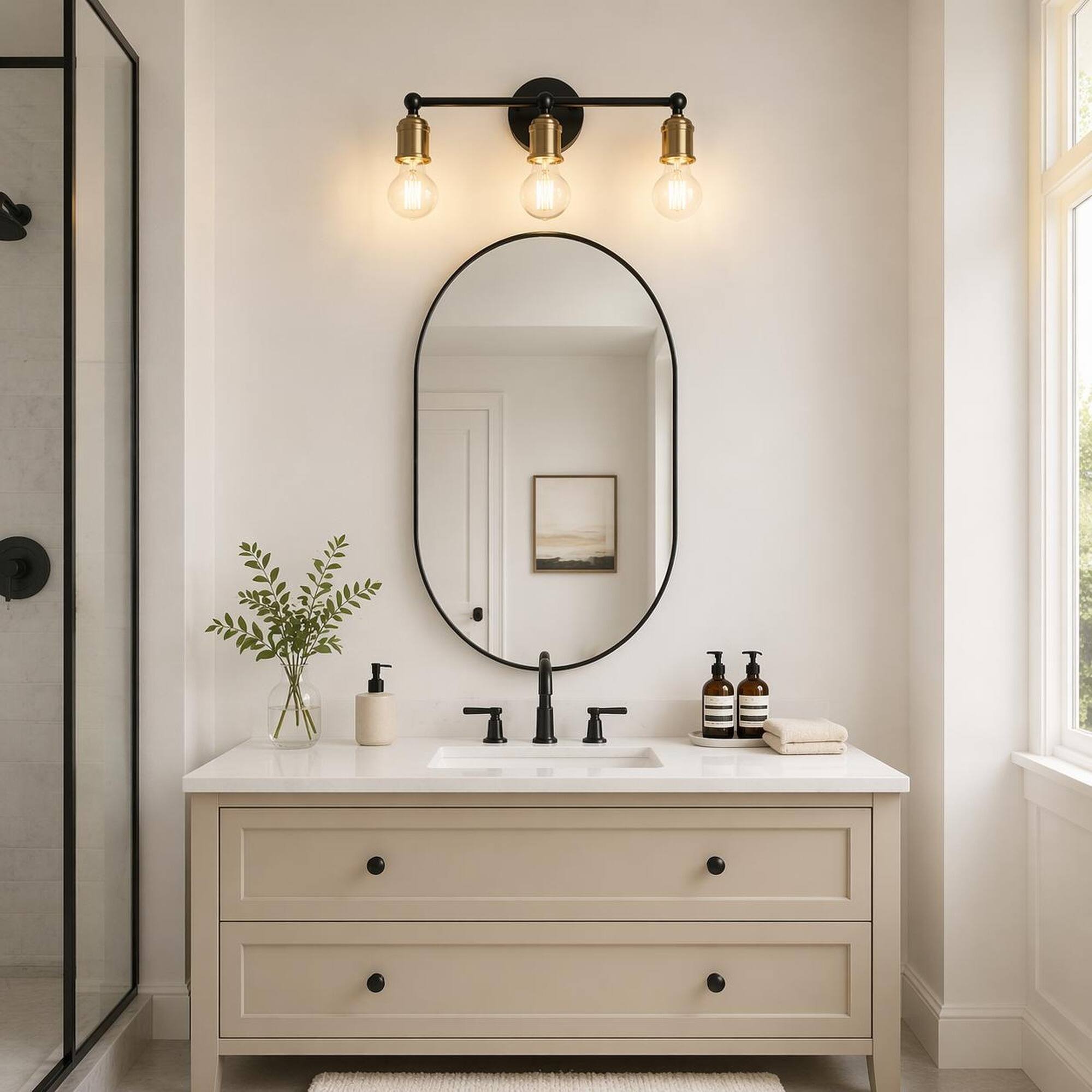 Angle. RYHNUYNE - 3-Light Matte Black and Gold Bathroom Vanity Light with Round Backplate, Industrial Farmhouse Wall Sconce for Mirror.