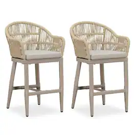 PURPLE LEAF - Outdoor Counter/Bar Height Stools Rattan Wicker Bar Chairs Set of 2 Woven Aluminum Barstools with Back and Cushions - Champagne-Counter Stool