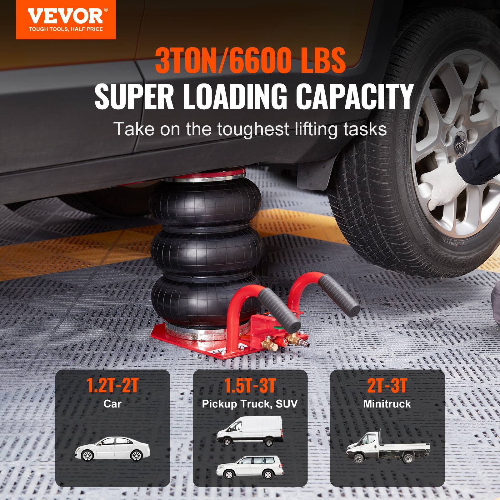 VEVOR TOUGH TOOLS. HALF PRICE 3TON/6600 LBS SUPER LOADING CAPACITY Take on the toughest lifting tasks

1.2T-2T Car
1.5T-3T Pickup Truck, SUV
2T-3T Minitruck