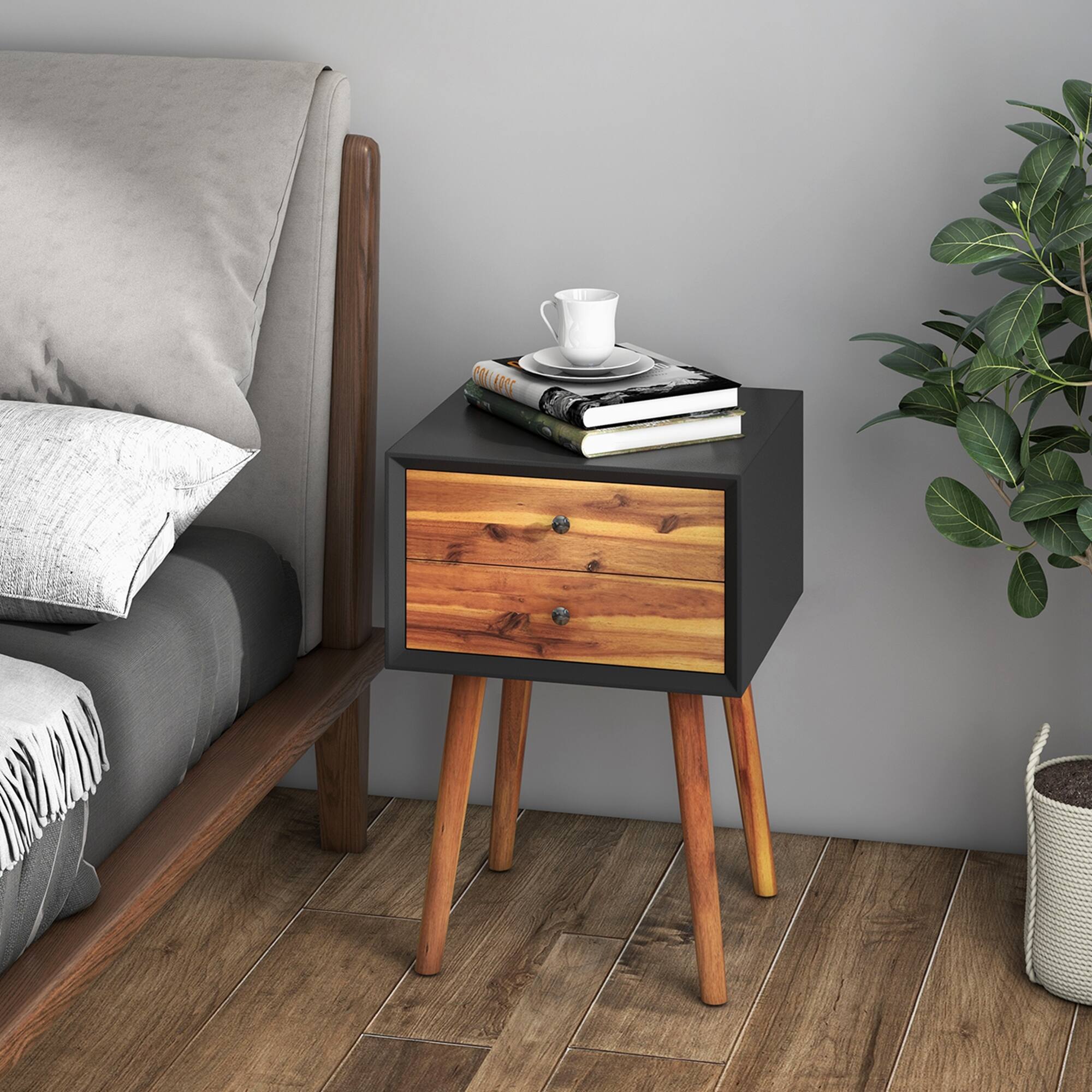 Costway End Table with Drawers and Storage Wooden Mid Century