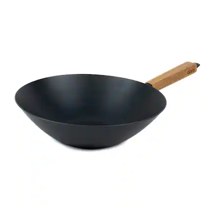 Front. Alva - Alva Forest Carbon Steel Wok Pan 12" - Acacia Wood Handle, Pre-Seasoned and Toxin-Free Cookware - Black.