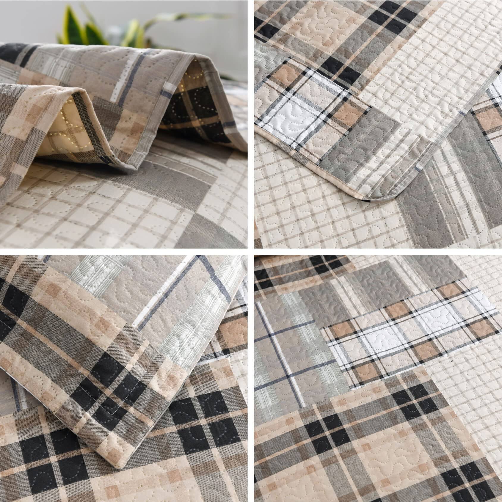 Alt View 5. Paradigms Interiors - Plaid Bedding Quilt Set Lightweight Patchwork Bedspread Breathable Microfiber Geometric Coverlet Check Bed ... - Brown Coffee-King (106 in x 96 in).