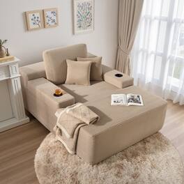 Ovios - 67'' Fluffy Chaise Lounge Chair, Sofa Bed with Cup Holders, Sleeper Couch for Living Room - Camel(Corduroy)