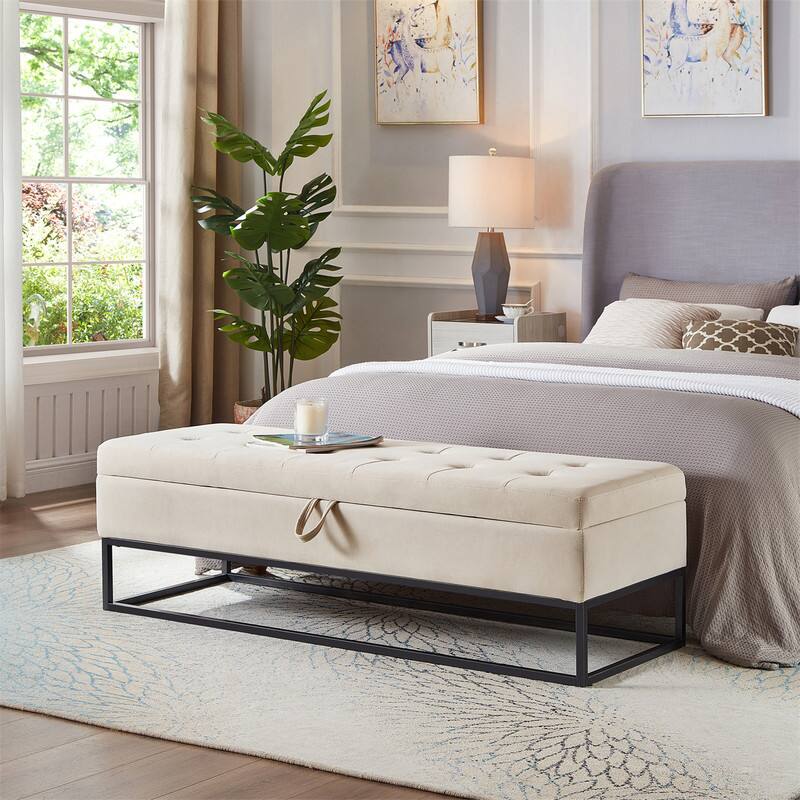 Front. HTUTWOO - Bed Bench with Storage - 58.6" Beige Velvet Upholstered Ottoman, Metal Base,Button Tufting Design,500lbs Weight Capacity - Beige.