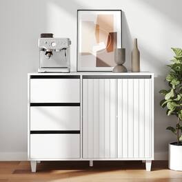 Skyzoo - Buffet Sideboard with 3 Drawers & Adjustable Shelf, Farmhouse Kitchen Storage Cabinet - White