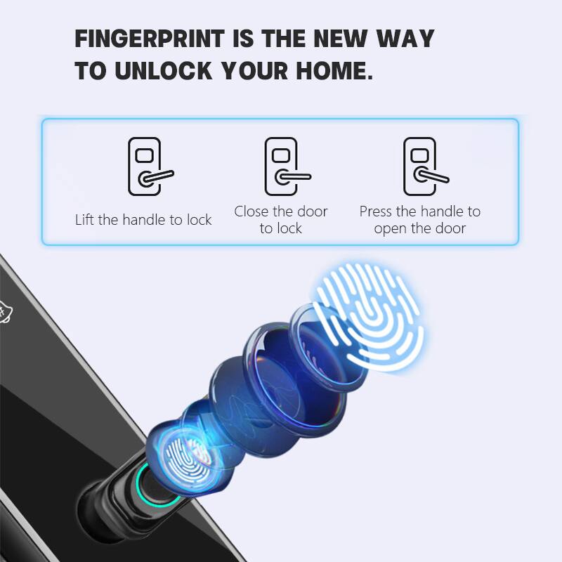 FINGERPRINT IS THE NEW WAY TO UNLOCK YOUR HOME.

- Lift the handle to lock
- Close the door to lock
- Press the handle to open the door