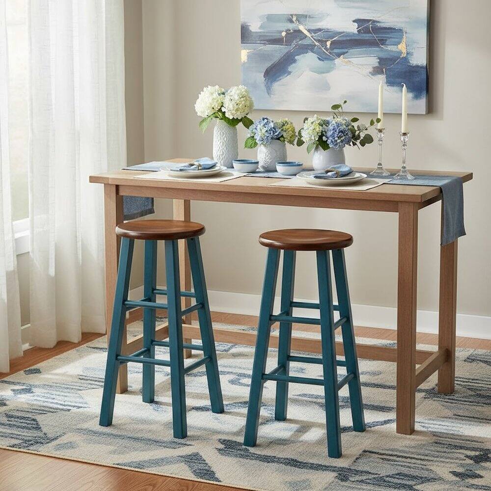 Alt View 2. FurniFact - 29" Rustic Teal Bar Stool - Rustic Teal / Walnut.