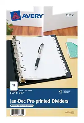 AVERY 11315
12 5½" x 8½"
Jan-Dec Pre-printed Dividers
Reinforced edge for added durability
Fits 3" or 7" Ring Binders
Made in Mexico