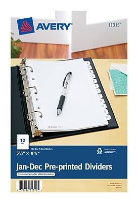 AVERY 11315  
12 5½" x 8½"  
Jan-Dec Pre-printed Dividers  
Reinforced edge for added durability  
Fits 3" or 7" Ring Binders  
Made in Mexico