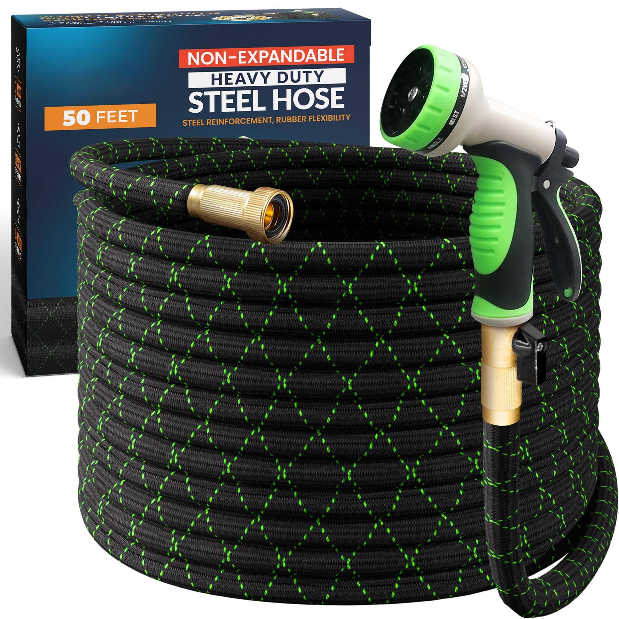 R Hocrpiten - 10 adda.
NON-EXPANDABLE HEAVY DUTY STEEL HOSE 50 FEET STEEL REINFORCEMENT, RUBBER FLEXIBILITY 1/2" MIST GLE