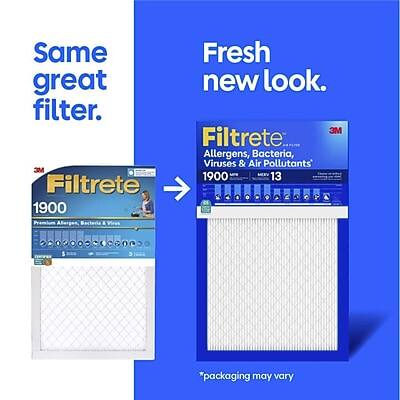 Same great filter. 3M Filtrete 1900 Premium Allergen, Bacteria & Virus

Fresh new look. 3M Filtrete Allergens, Bacteria, Viruses & Air Pollutants' FM MERV 1900 13

*packaging may vary