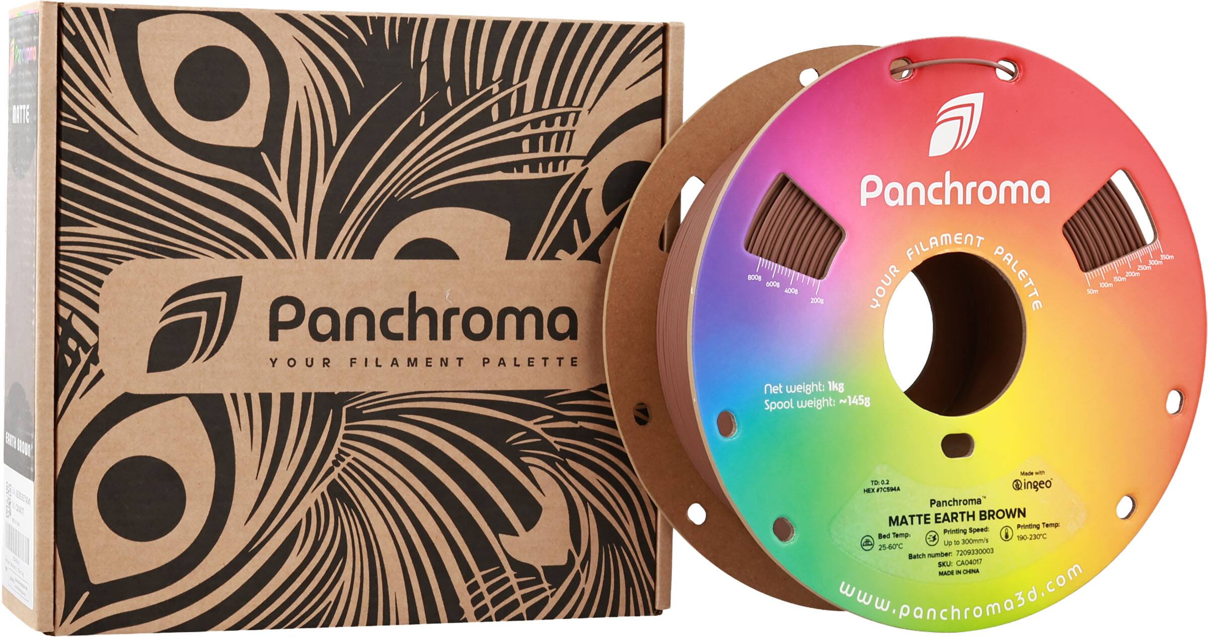 Panchroma Filament Palette:

* 150m: 300m 250m 800g
* 200m: 50m 800g
* 100m: 30m 200g

Net weight: 1kg
Spool weight: ~145g

Printing Temp: 190-230C
Printing Speed: 25-60C
Bed Temp: 25-60C

Batch number: 7209330003
SKU: CA04017

Made in China
www.panchromo5d.com
