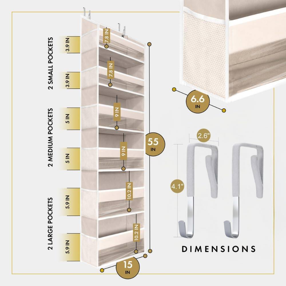 - Pockets Small: 2 pockets, 3.9 in
- Pockets Medium: 2 pockets, 5 in, 9 in
- Pockets Large: 2 pockets, 5.9 in, 10.2 in
- Dimensions: 55 in, 6.6 in, 2.6", 4.1", 15 in