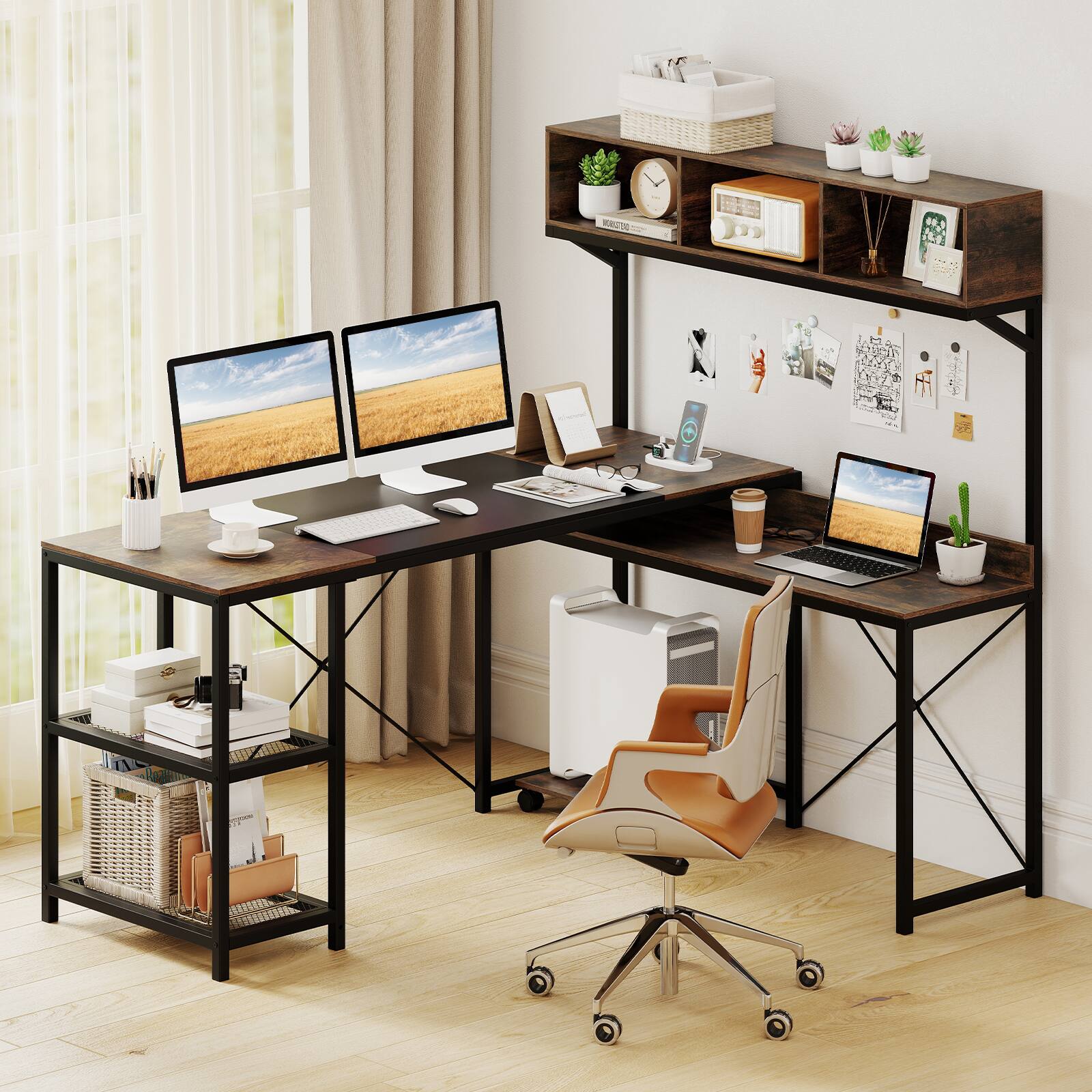 Alt View 1. Costway - Costway L-Shaped Computer Desk with Power Outlets, 62" Corner Desk with Storage Hutch - Rustic Brown + Black.