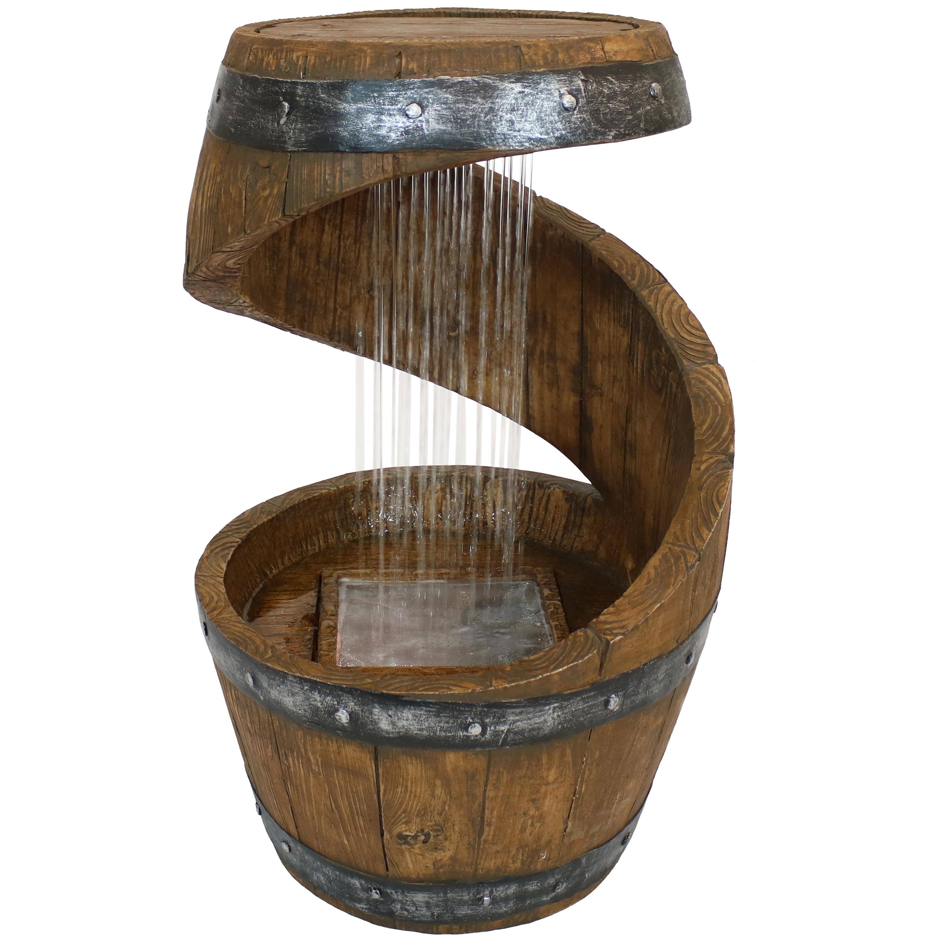 Front. Sunnydaze - Spiraling Barrel Outdoor Water Fountain with LED Lights - 25 in - Brown.