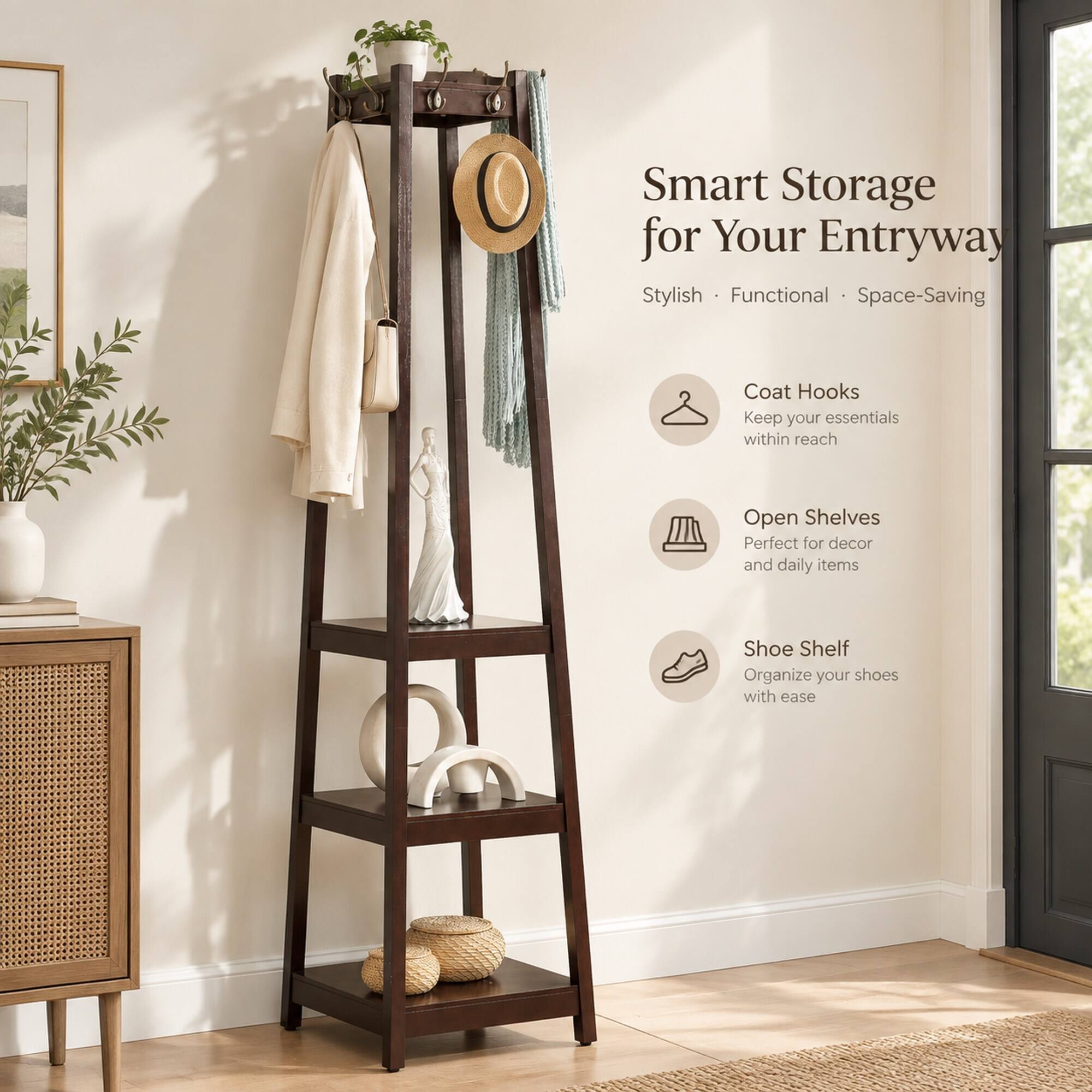 Smart Storage for Your Entryway  
Stylish • Functional • Space-Saving

Coat Hooks  
Keep your essentials within reach

Open Shelves  
Perfect for decor and daily items

Shoe Shelf  
Organize your shoes with ease