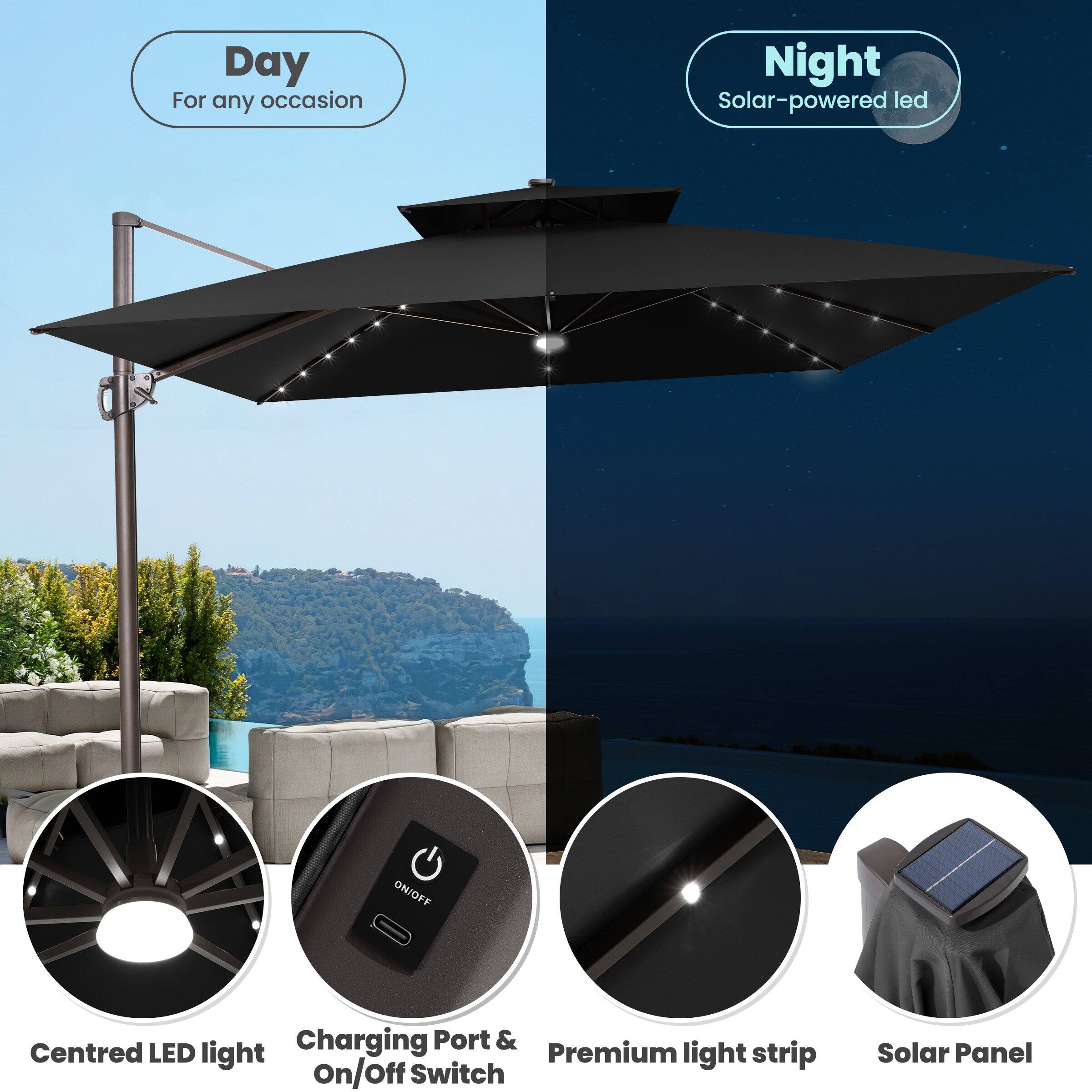 - Day: For any occasion
- Night: Solar-powered LED
- Centred LED light
- Charging Port & On/Off Switch
- Premium light strip
- Solar Panel