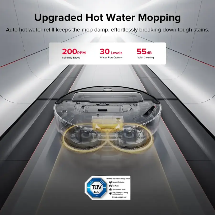 Upgraded Hot Water Mopping Auto hot water refill keeps the mop damp, effortlessly breaking down tough stains. 200 RPM Spinning Speed 30 Levels Water Flow Options 55 dB Quiet Cleaning Material and Infant-Safe Cleaning Robot 3 In 1 Cleaning and Sterilizing - TUV Tested - famans.com/po-cem