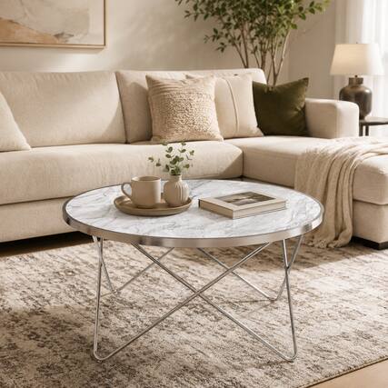 Front. Teamson Home - Teamson Home Margo 32" Round Faux Marble Coffee Table with Silver Metal Base - Silver.