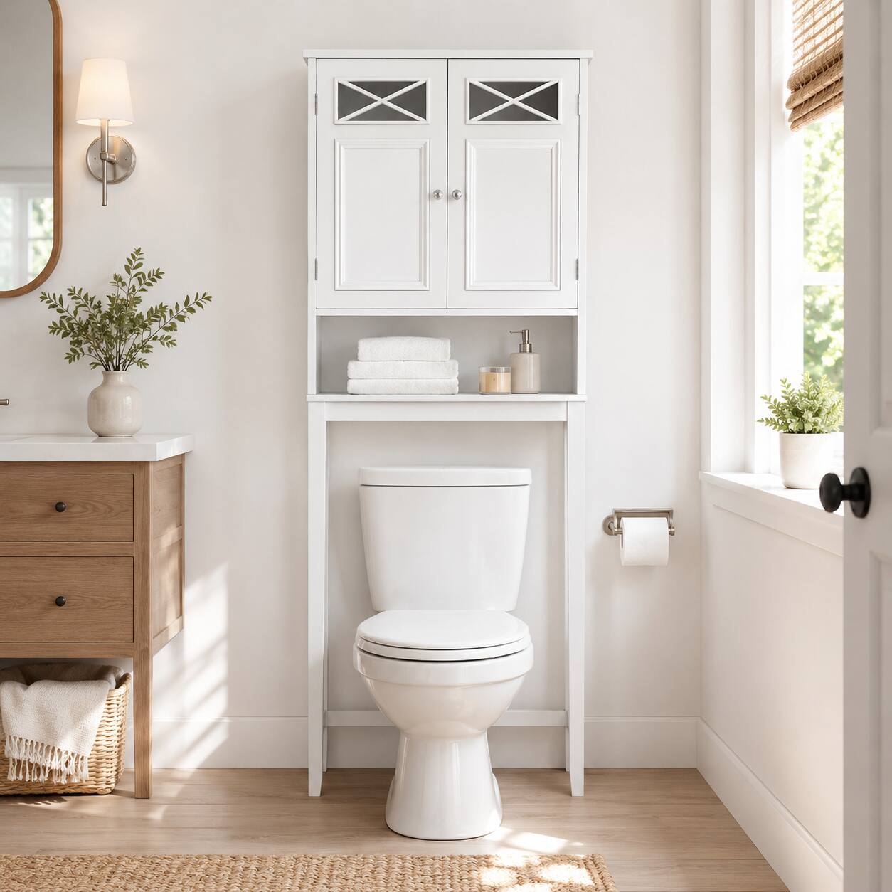 Angle. Teamson Home - Dawson Over-the-Toilet Cabinet, 2-Door Bathroom Storage - White.