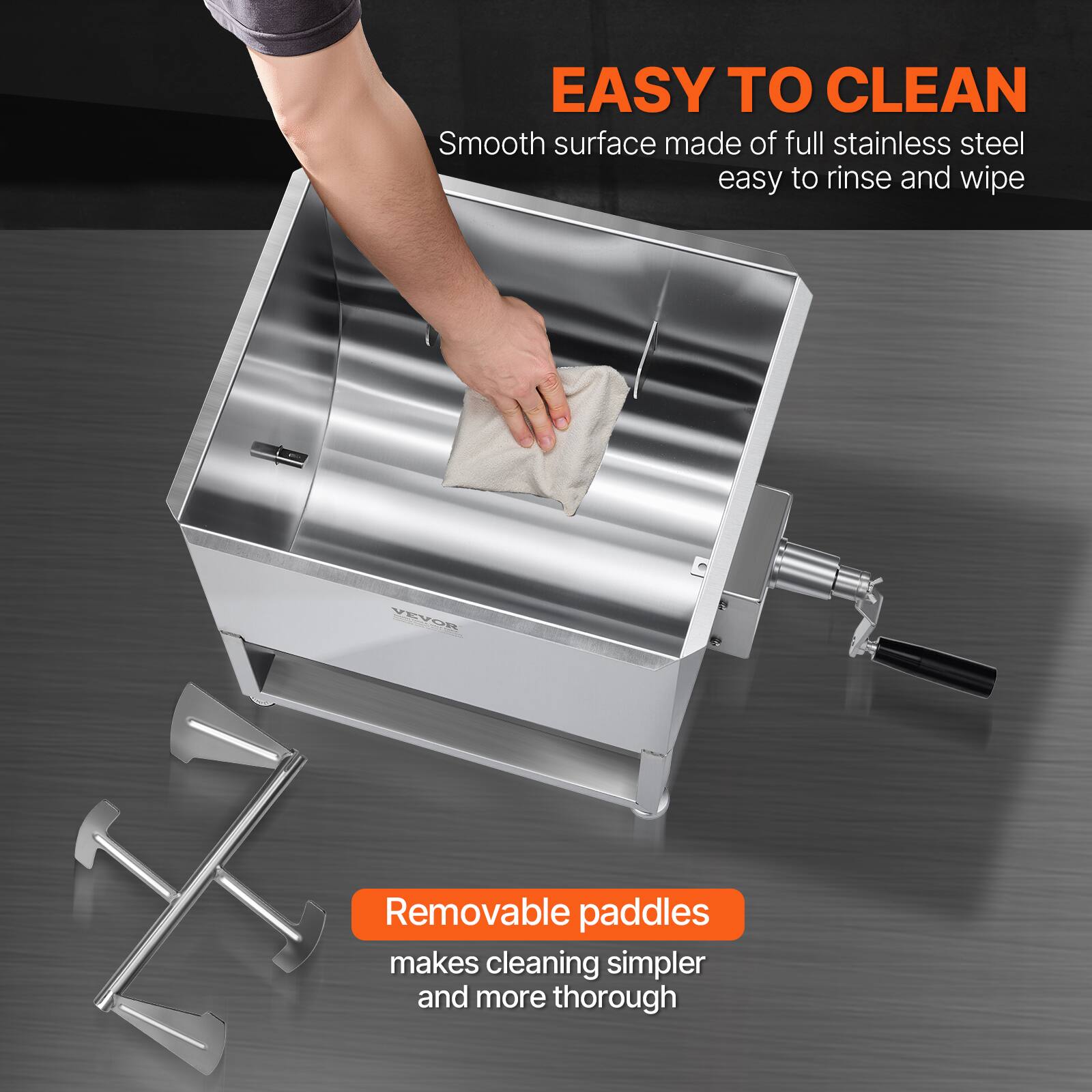 EASY TO CLEAN  
Smooth surface made of full stainless steel easy to rinse and wipe  

Removable paddles  
makes cleaning simpler and more thorough