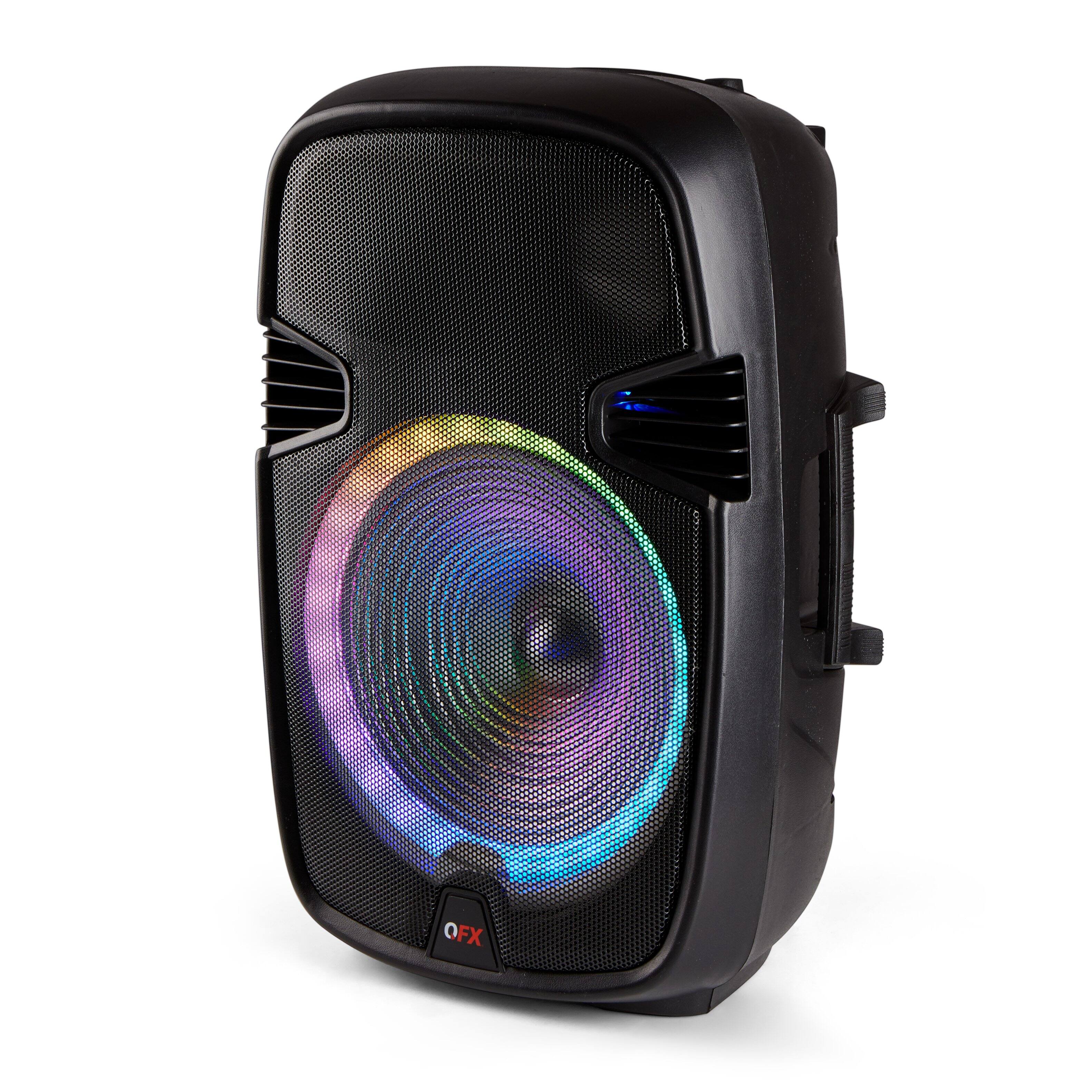 Left. QFX - 15" BT Speaker Recharge  with LED Lights - Black.