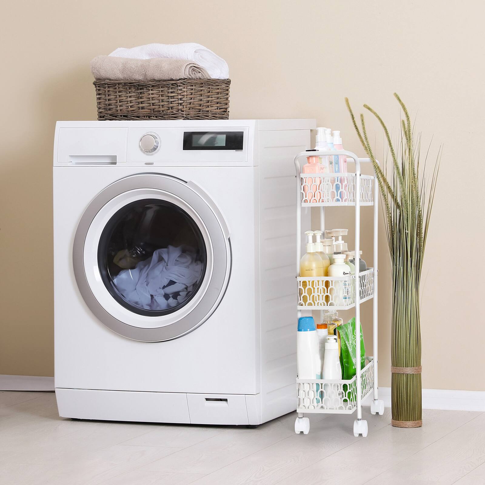 Alt View 4. Oumilen - 3-Tier White Slim Rolling Storage Cart with Lace Design - White.