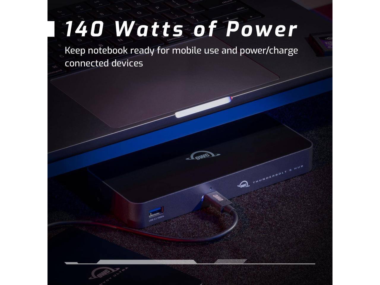 140 Watts of Power  
Keep notebook ready for mobile use and power/charge connected devices  

OWC  
THUNDERBOLT 6 HUB  
USB 3.2 GEN 2